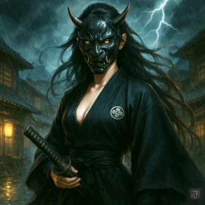 Illustration of a fierce female samurai, Rui Sasaki, standing resolutely with dual katanas, her intense gaze cutting through the dark, fiery backdrop of a battlefield. Her black crepe haori billows in the wind, embodying strength and unwavering spirit in the face of adversity.