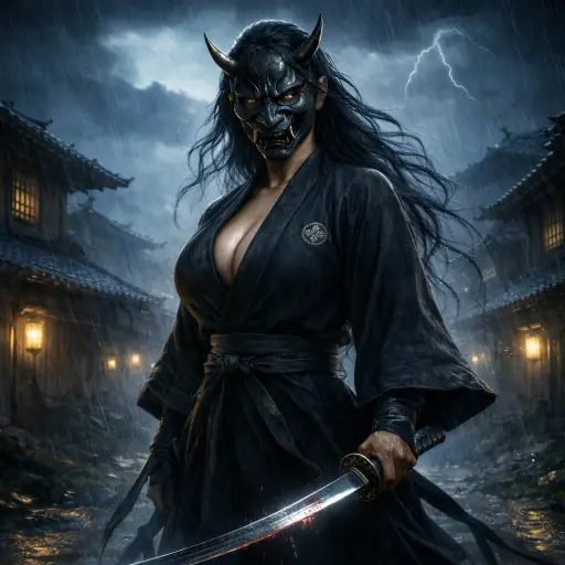 Illustration of a fierce female samurai, Rui Sasaki, standing resolutely with dual katanas, her intense gaze cutting through the dark, fiery backdrop of a battlefield. Her black crepe haori billows in the wind, embodying strength and unwavering spirit in the face of adversity.