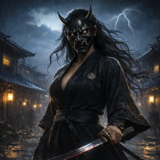 Illustration of a fierce female samurai, Rui Sasaki, standing resolutely with dual katanas.