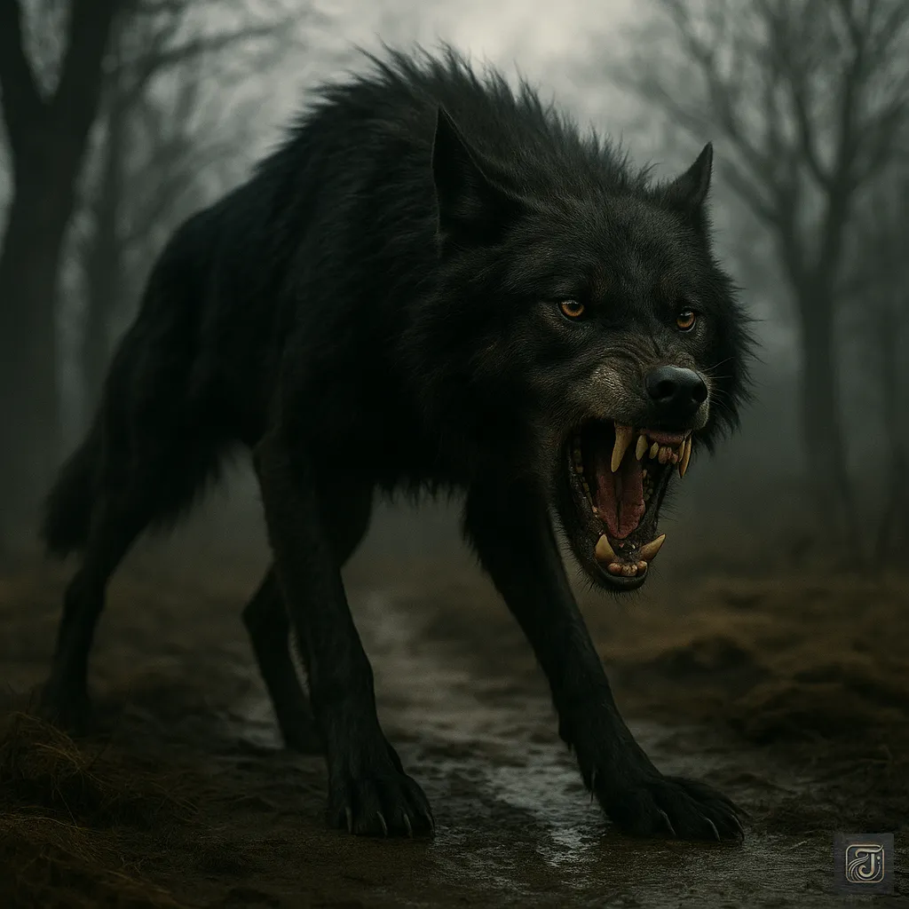 A realistic, snarling black beast resembling an oversized wolf stands menacingly on a muddy forest path under a foggy sky. Its amber eyes glow with fury, and blood-stained fangs are bared mid-roar. This is a visual representation of the legendary Beast of Gévaudan—a creature said to have terrorized 18th-century France. The image evokes fear, mystery, and the untamed brutality behind one of history’s most chilling unsolved cases.