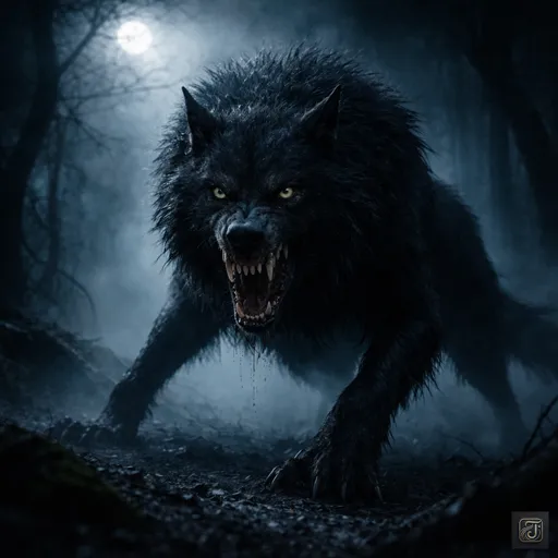 A realistic, snarling black beast resembling an oversized wolf stands menacingly on a muddy forest path under a foggy sky. Its amber eyes glow with fury, and blood-stained fangs are bared mid-roar. This is a visual representation of the legendary Beast of Gévaudan—a creature said to have terrorized 18th-century France. The image evokes fear, mystery, and the untamed brutality behind one of history’s most chilling unsolved cases.