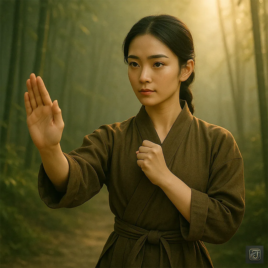 A young East Asian woman practicing Wing Chun in a misty bamboo forest, symbolizing the origins of the martial art created by Yim Wing Chun