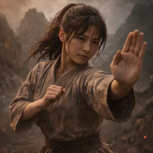 A young East Asian woman practicing Wing Chun in a misty bamboo forest.