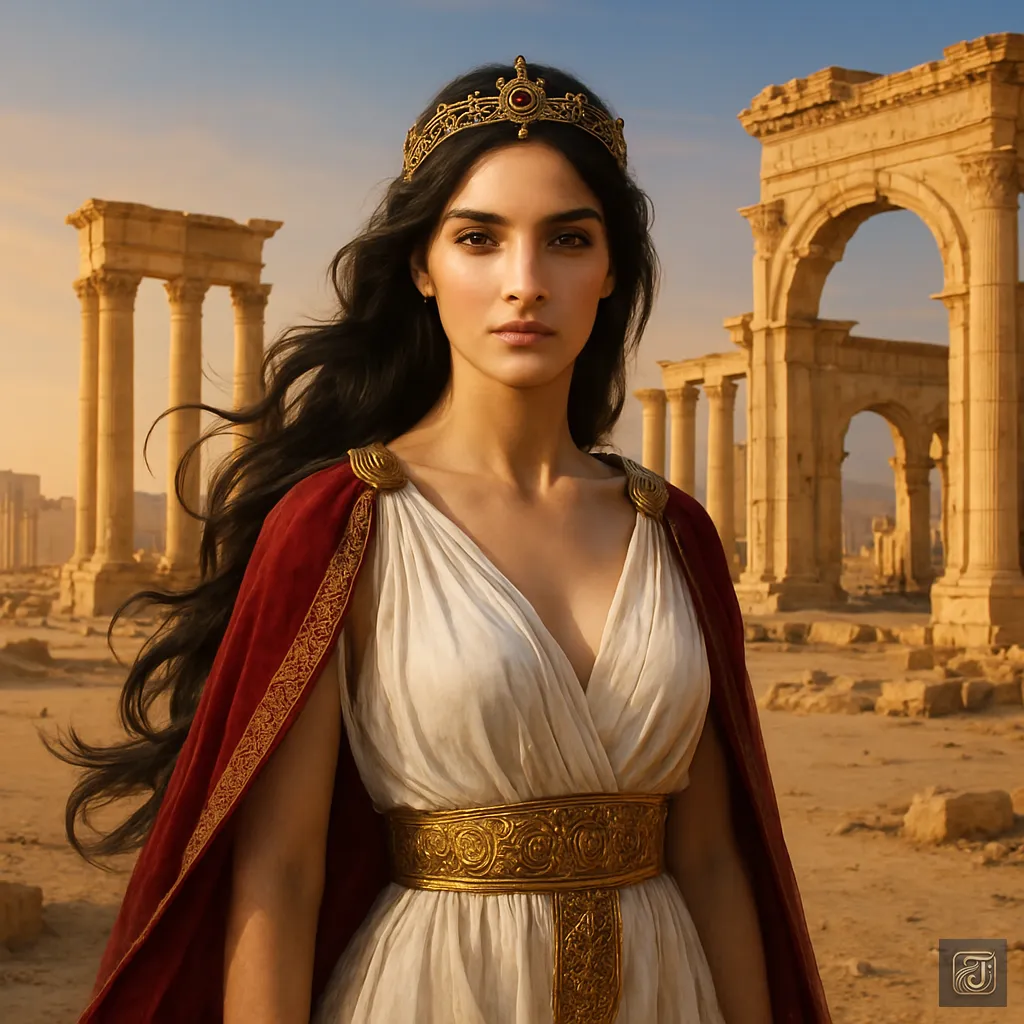 Zenobia, the Queen of Palmyra, standing with regal dignity in a flowing robe, symbolizing wisdom, pride, and resistance against the Roman Empire