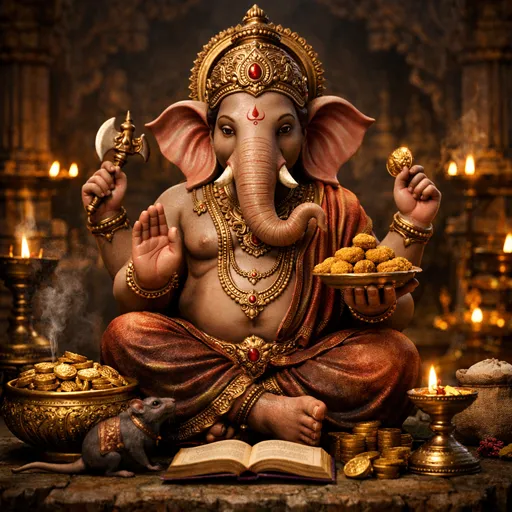 A statue of the Hindu god Ganesha with an elephant's head and four arms, seated in a festive Indian street, symbolizing wisdom and new beginnings.