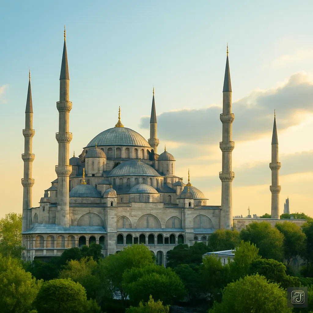 The Blue Mosque (Sultan Ahmed Mosque) in Istanbul, showing its six minarets at sunset. Article about why the mosque has six minarets, a story of Sultan Ahmed I and a misheard word.