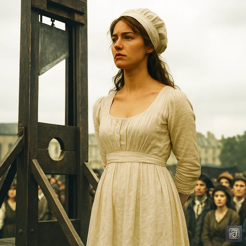 Charlotte Corday, the woman who assassinated Jean-Paul Marat during the French Revolution, depicted with a determined expression and 18th-century dress