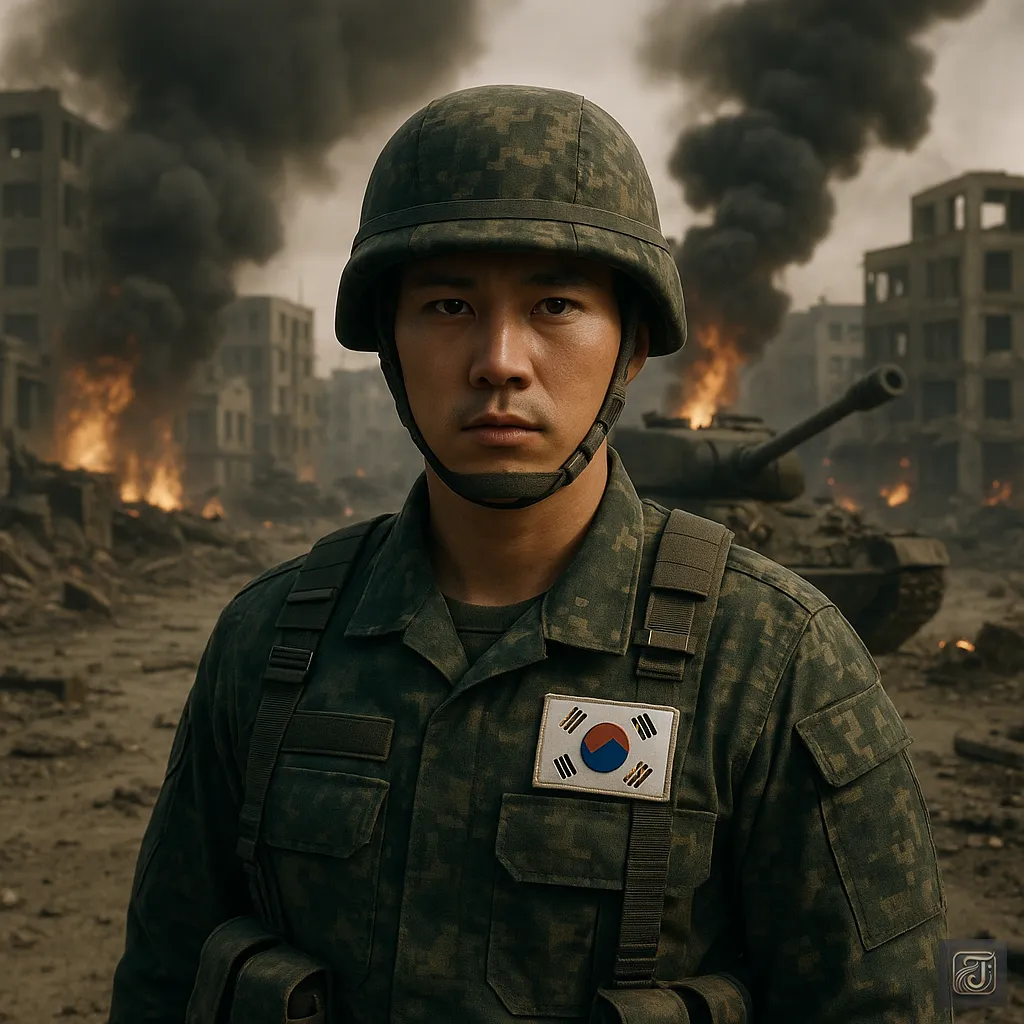 A realistic 3D-rendered image of an anxious leader watching protests and chaos behind a crumbling wall — symbolizing the fear, division, and unresolved tension that keep North and South Korea apart.
