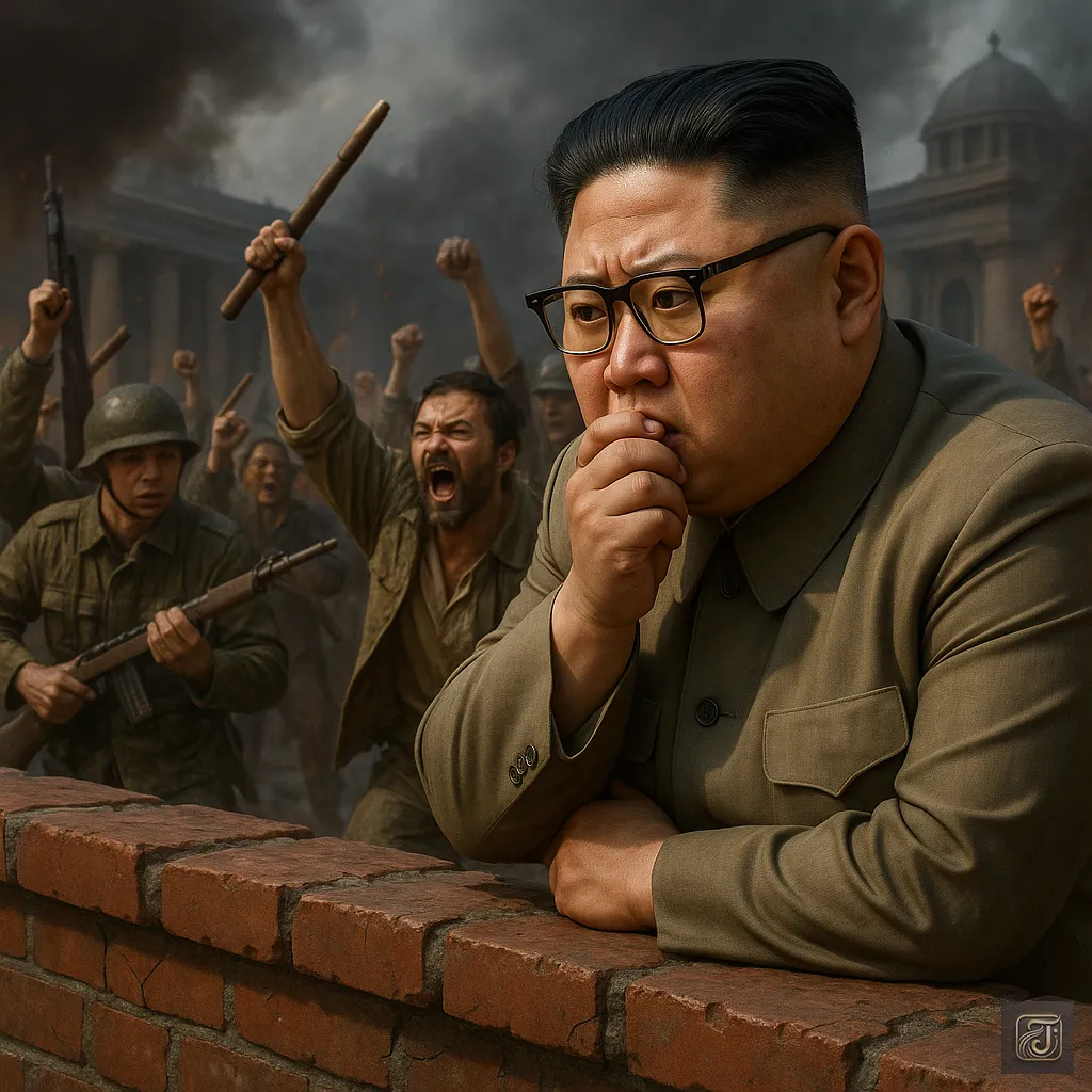 A South Korean soldier standing amid the ruins of war, wearing a camouflage uniform with the national flag patch, symbolizing duty and the ongoing tension from the unfinished Korean War.
