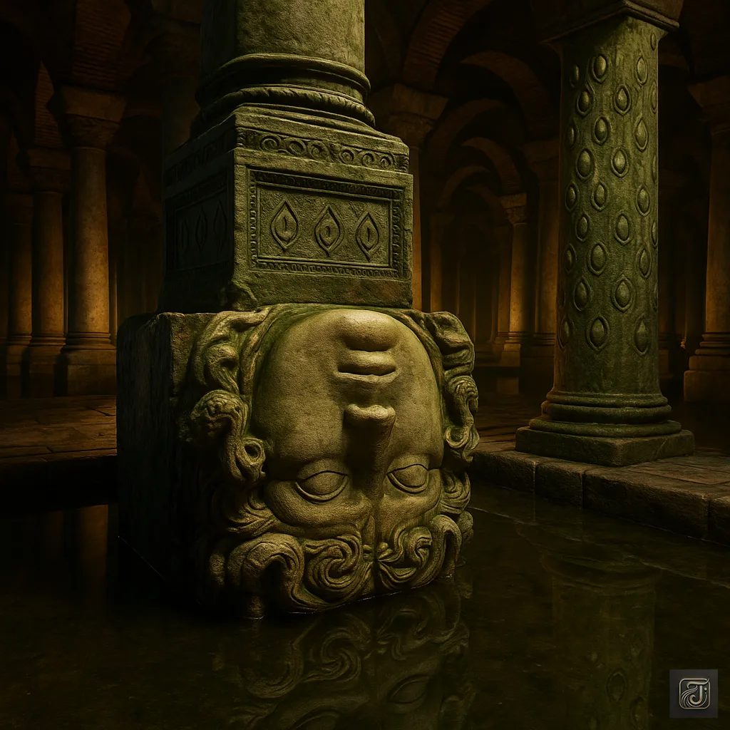Basilica Cistern (Yerebatan Sarnıcı) in Istanbul, a 6th-century underground palace supported by 336 columns, famous for its Medusa heads and mystical reflections.