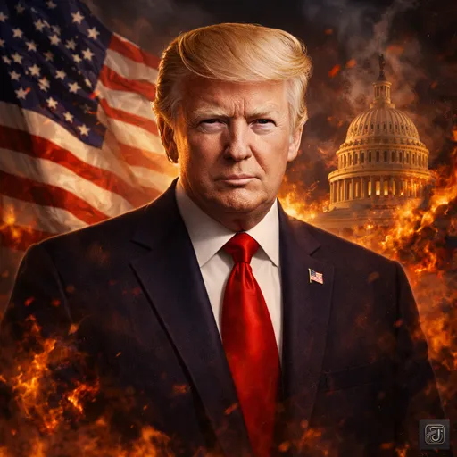 A dramatic portrait of Donald J. Trump standing before the U.S. Capitol and American flag, symbolizing political power, conflict, and America’s divided emotions.