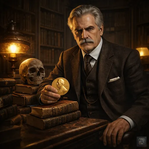 A dramatic portrait of Julius Wagner-Jauregg holding a Nobel Prize medal in a dimly lit study, symbolizing the breakthrough and ethical consequences of malaria fever therapy.
