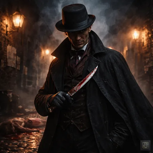 A shadowy figure resembling Jack the Ripper standing in a foggy Victorian London alley, holding a blood-stained knife under gaslight.