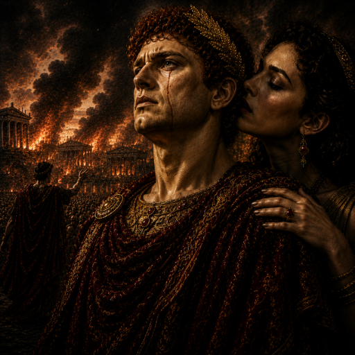 A tearful young Roman emperor Nero standing before a burning Rome while a woman whispers behind him, symbolizing false love, admiration, and the collapse of his humanity.