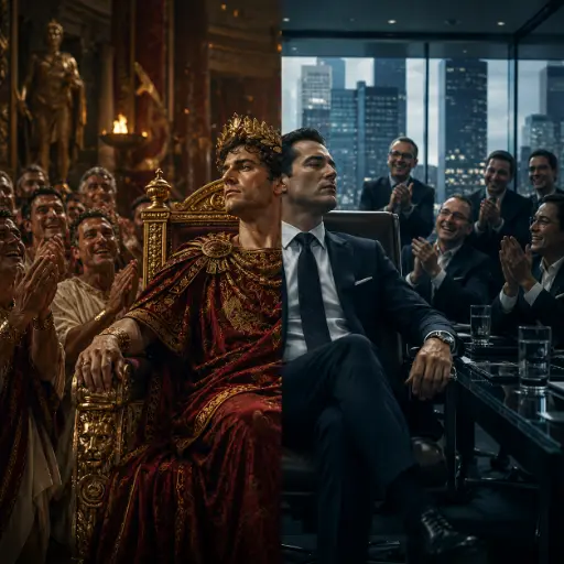 Ancient Roman emperor Nero seated beside a modern corporate leader, both surrounded by people offering applause and admiration, symbolizing false praise, power, fear, and the loneliness shared by rulers across history and the modern world.