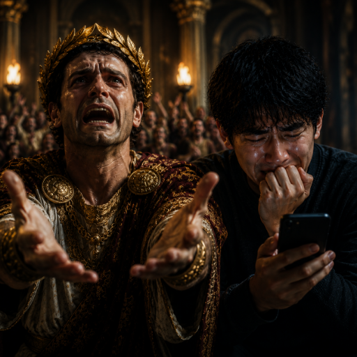 Ancient Roman emperor Nero and a modern young man both reaching desperately for approval, symbolizing false praise, social media validation, loneliness, and the human desire to be loved.