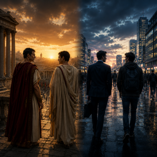 Julius Caesar and Brutus in ancient Rome contrasted with two modern men, symbolizing how relationships change when people grow, choose different futures, and follow separate paths.