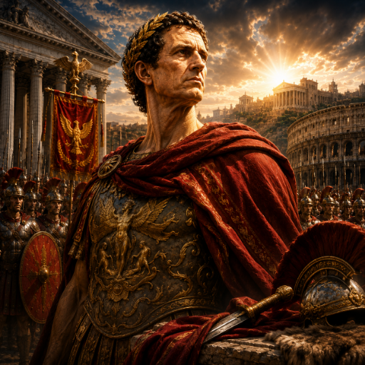 Julius Caesar portrait with Roman legions, the Colosseum, and ancient Rome background