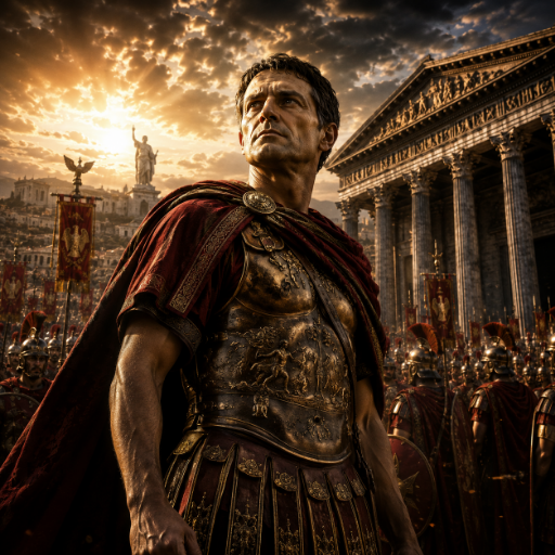 A cinematic portrait of Julius Caesar standing before the Roman Forum with Roman legionaries, symbolizing leadership, reform, military power, and the fall of the Roman Republic.
