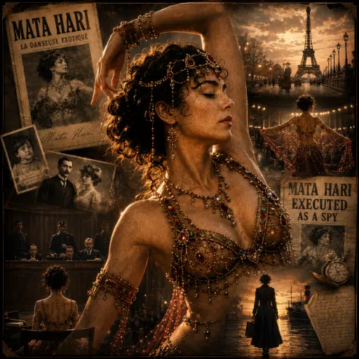 A dramatic collage of Mata Hari, the Dutch exotic dancer executed as a spy during World War I, symbolizing performance, espionage, war propaganda, and the creation of a scapegoat.