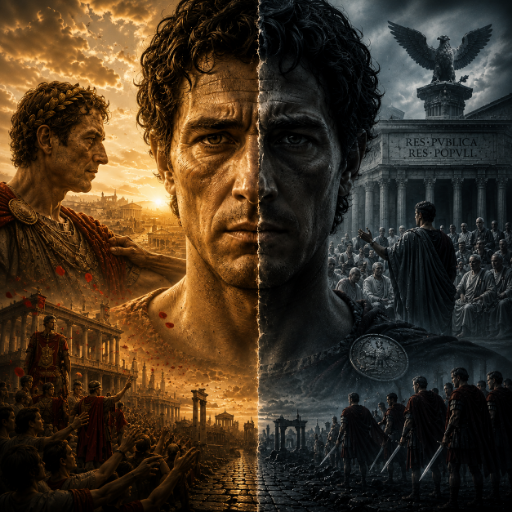 Marcus Junius Brutus divided between hero and betrayer, symbolizing his role in Caesar's assassination and the fall of the Roman Republic