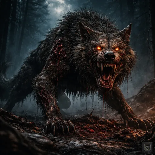 A realistic, snarling black beast resembling an oversized wolf stands menacingly on a muddy forest path under a foggy sky.